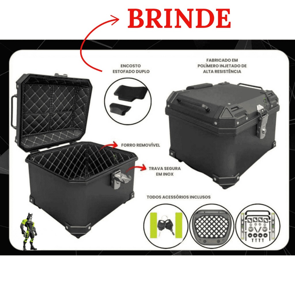 BAÚ BAULETO PLASTICO ABS TRASEIRO 45L UNIVERSAL PRETO/PRATA COM BASE, FORRO E ENCOSTO DE BRINDE