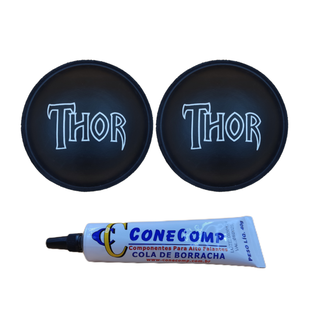 Kit 2 Protetores Calota Thor 95mm Papel Adesivado Para Alto Falante + 1 Cola Borracha Preta 40g