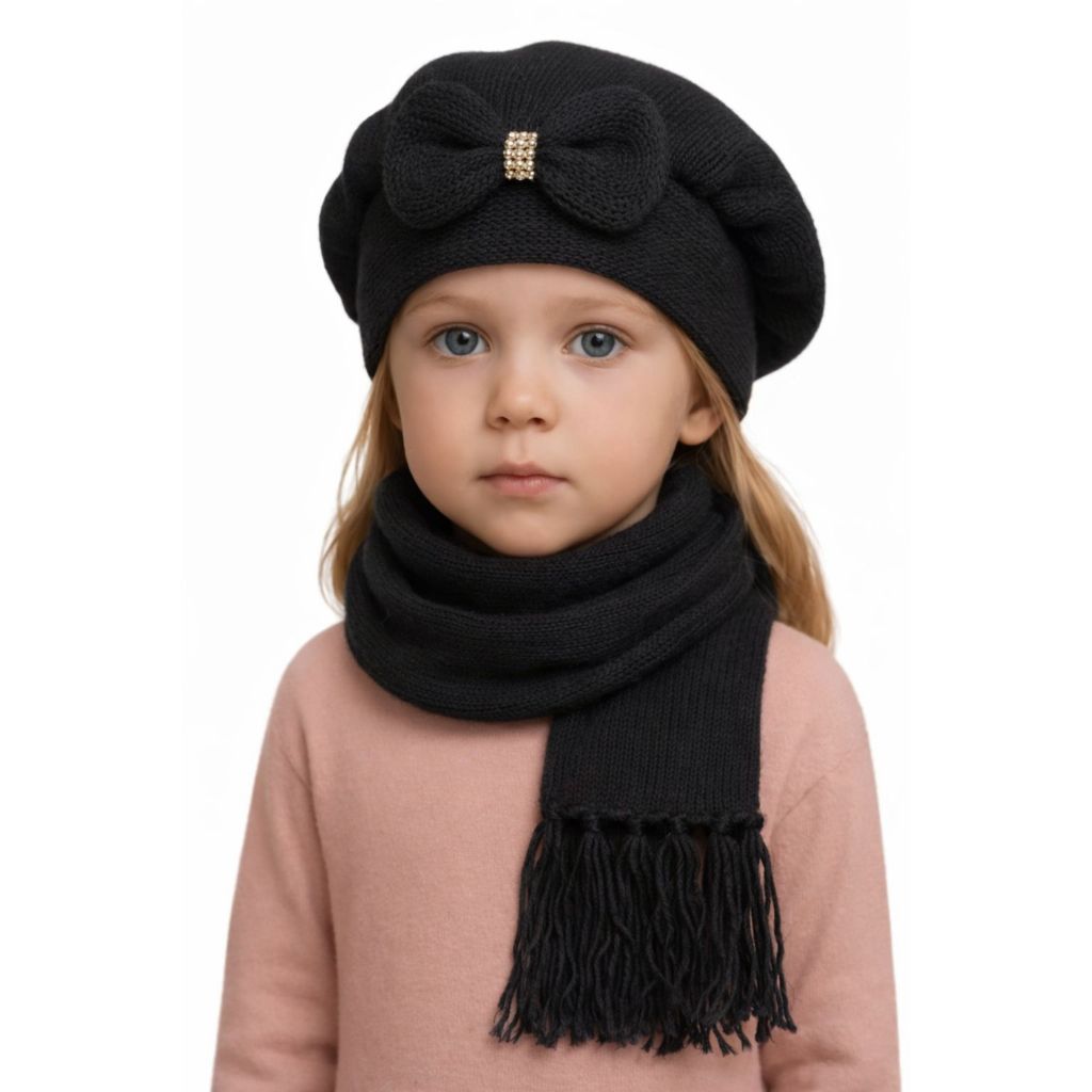 kit Boina com laço e strass + cachecol infantil de lã liso