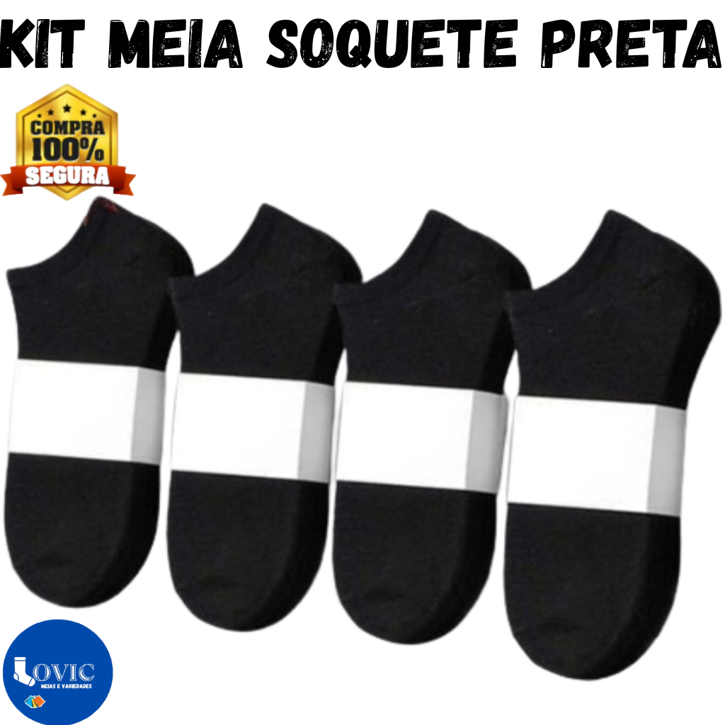Kit Pares de Meias Pretas Soquete Cano Curto Masculina Feminina Unissex Kit 24/18/12 em Oferta na Shopee