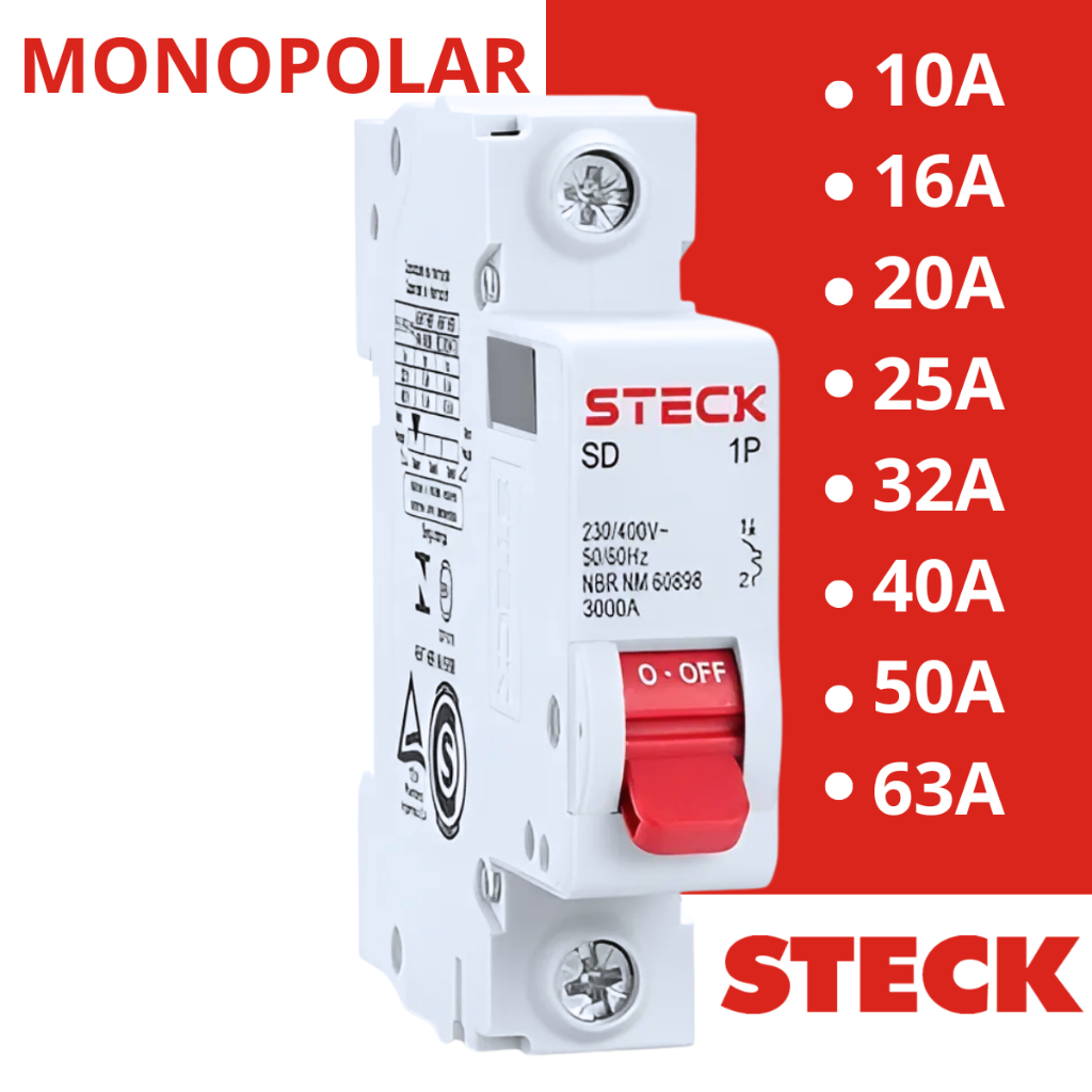 Disjuntor STECK Unipolar Monopolar Curva C 10A | 16A | 20A | 25A | 32A | 40A | 50A | 63A STECK