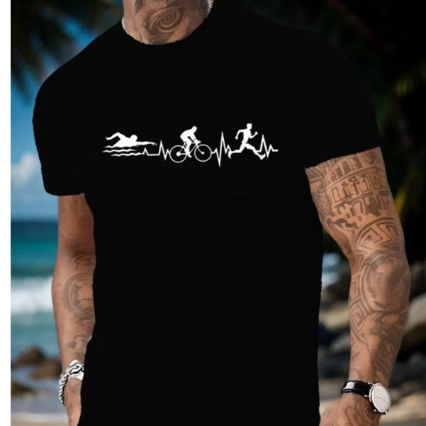 Camiseta Masculina Triathlon Esportiva 100% Algodão Estampa Corrida Ciclismo Natação Confortável