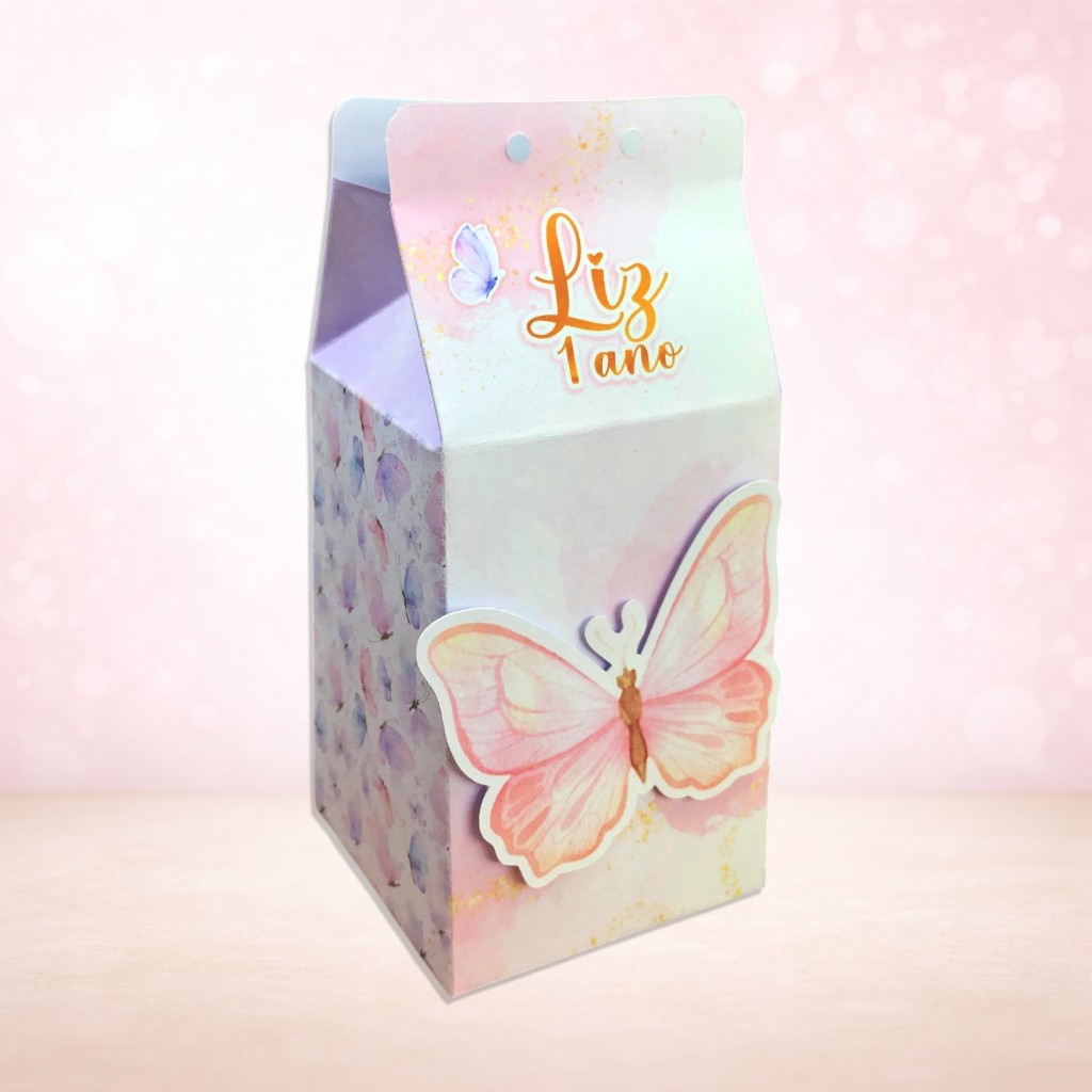 Caixas Milk 3D Personalizadas Borboletas Aquarela Lembrancinha Aniversário Festa Infantil Fácil Montagem