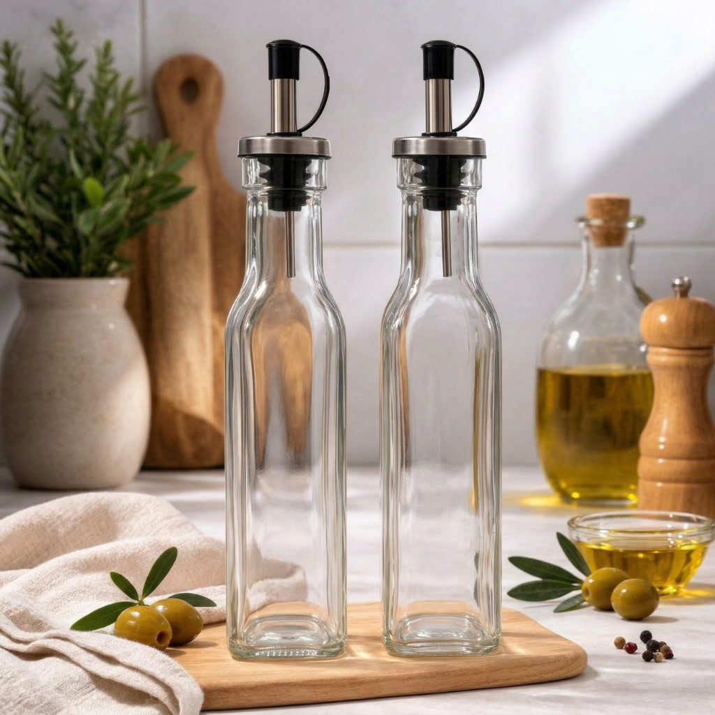 Conjunto 2 Porta Azeite e Vinagre de Vidro Galheteiro Quadrado 250ml Design Elegante Cozinha