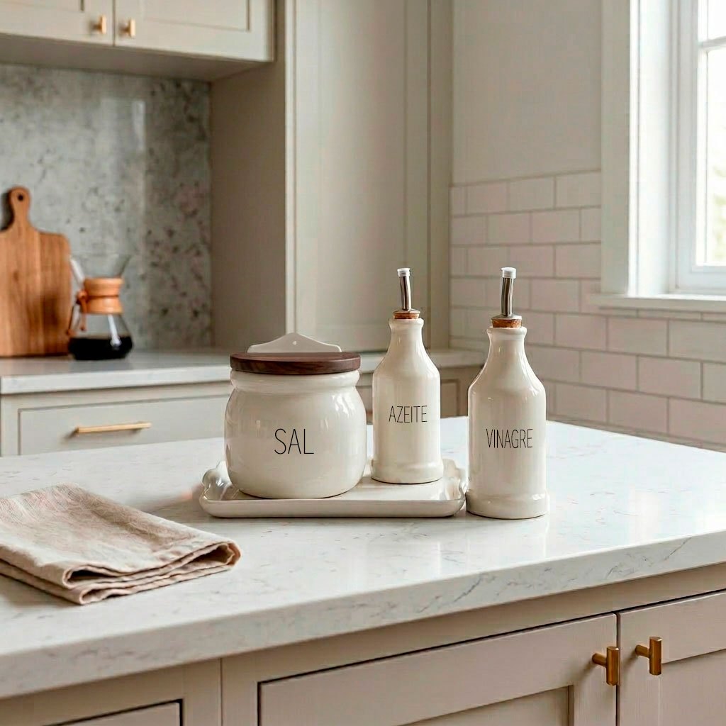 Galheteiro porcelana 4 peças com Bandeja Saleiro e Garrafas Azeite e Vinagre