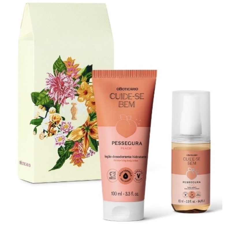 KIT PRESENTE CUIDE-SE BEM PESSEGURA 4 ITENS  OU COMBO MINI PESSEGURA 2 ITENS HIDRATANTE 100ML MINI BODY SPLASH 60ML
