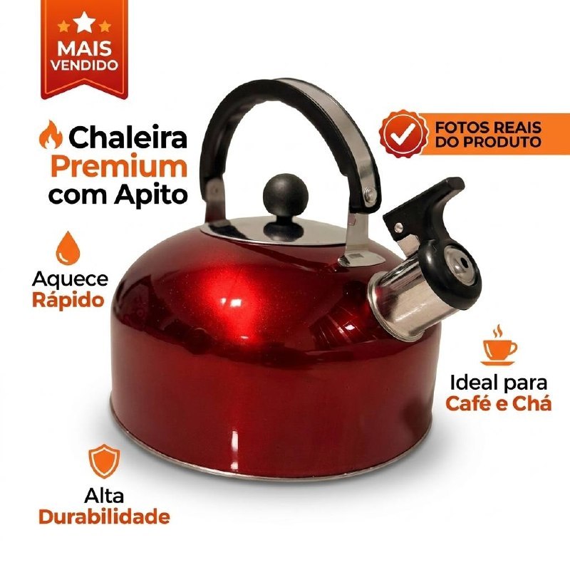 Chaleira Vermelha com Apito – Prática, Resistente e Elegante
