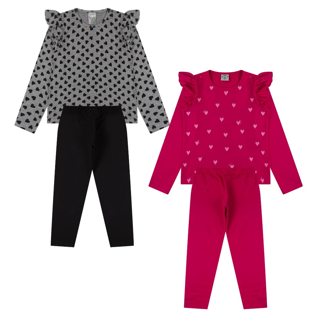 Conjunto Infantil Menina Inverno 2 Peças Cotton 96%Algodão Blusa Manga Longa c/ Babado+Calça Legging