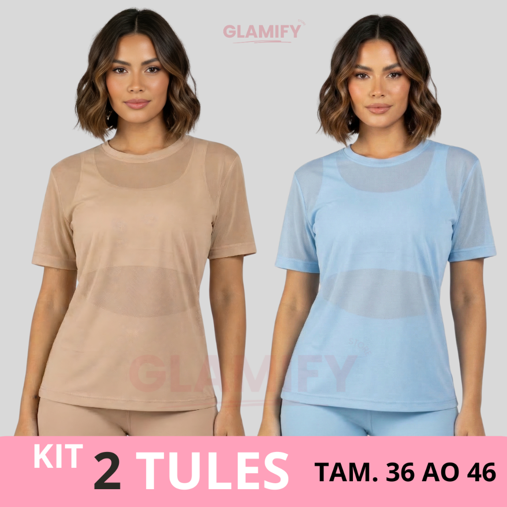 Kit 2 Blusa Feminina Transparente de Tule Academia Manga Curta Treino Blusão Basico Moda Fitness