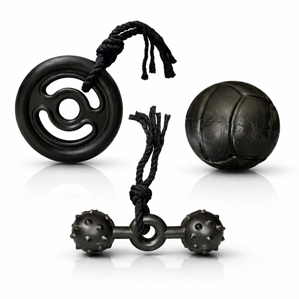 Kit Brinquedos P/Cães Anilha com corda +Bola Lisa+ Halteres+Ossinho Chiclete Big Com Corda para Cães
