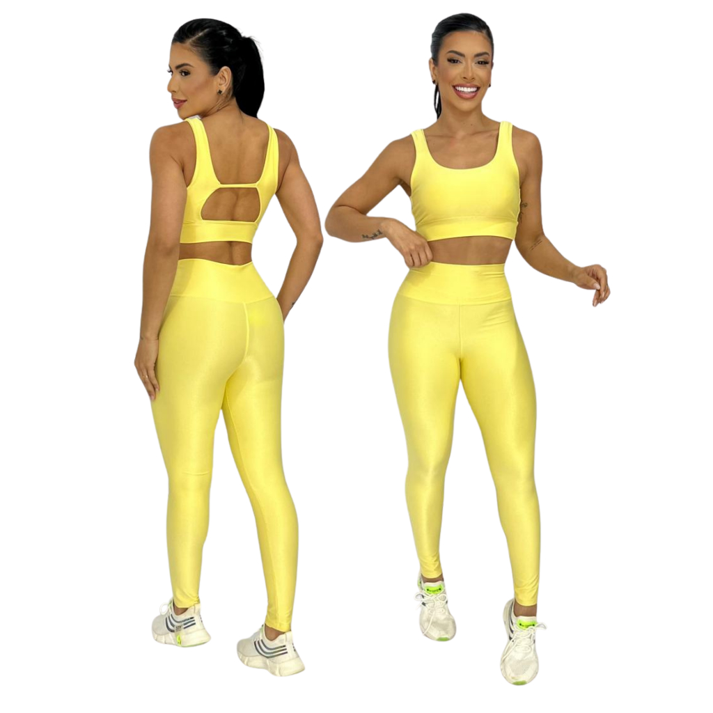 Conjunto feminino Microcanelado Poliamida top costa aberta bojo Calça cós Cintura Compressão Zero Transparência