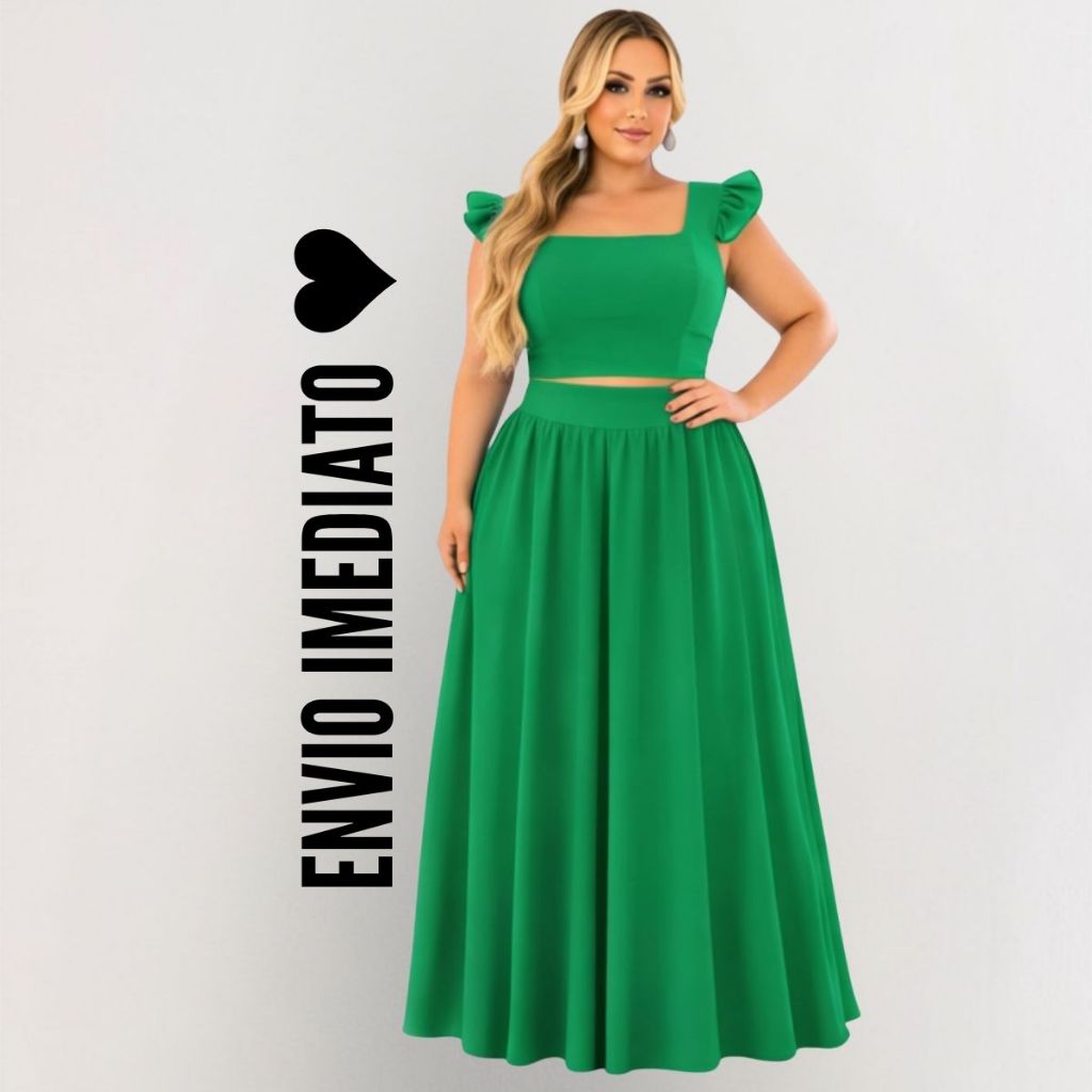 Conjunto Plus Size Moda Maior de Saia Godê Longa e Cropped de Alça Babado Tecido Crepe Dunas Moda Evangelica