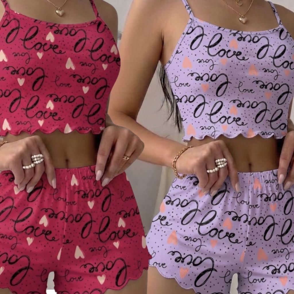 KIT 2 PIJAMA VIRGINIA CONJUNTO FEMININO CROPPED CORAÇÃO  SUEDE SEDA TOQUE MACIO