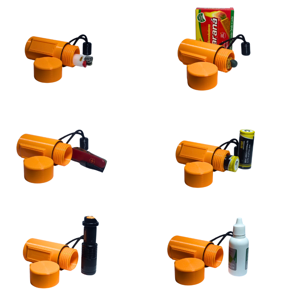 Container Estanque EDC - Cápsula Sobrevivência p/ Isqueiro BIC e Bateria 26650 18650 Kit Pesca
