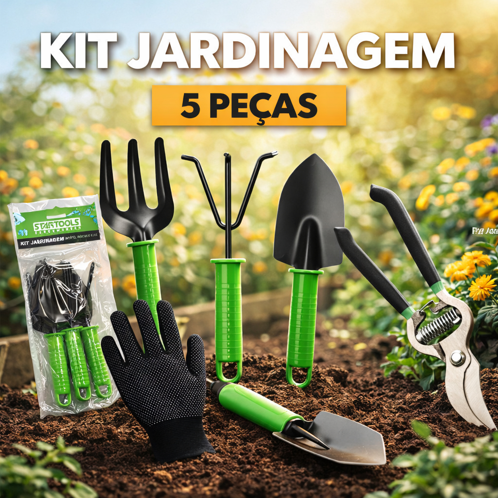  Kit Jogo Jardinagem Jardim Pá Tesoura Poda Luva 5 Peças Profissional