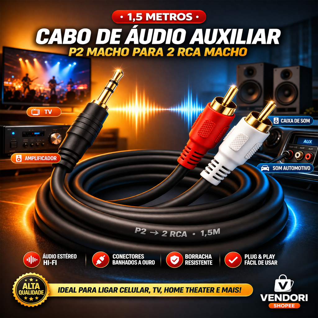 Cabo P2 para 2 RCA 1,5m Áudio Auxiliar Stereo 🔊 Alta Qualidade Som Limpo TV PC Caixa Som Home Theater