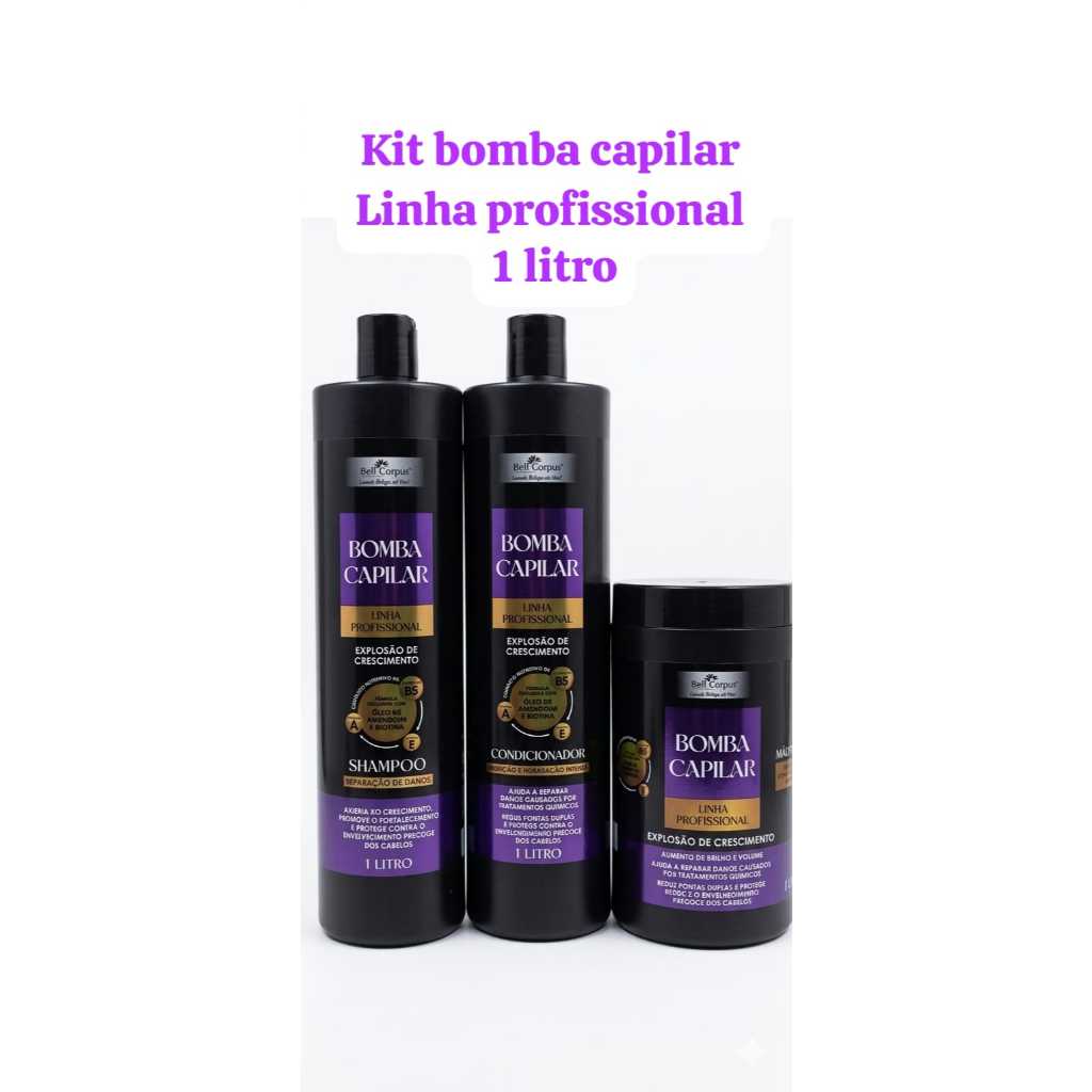 Kit linha profissional BOMBA CAPILAR -shamp, cond e másc - 1 litro - salão e uso diário BELLCORPUS