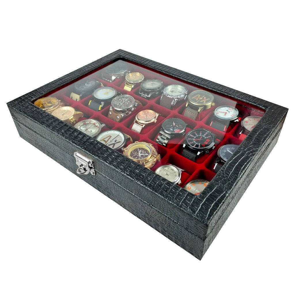Caixa Estojo Para Guardar 21 Relógios Marrom Com Interno Aveludado VERMELHO