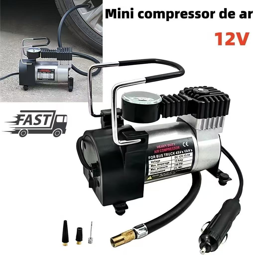 Compressor de Ar Portátil 12V - Veicular com Manômetro para Encher Pneu Carro/Bike/Ônibus 3 Bicos