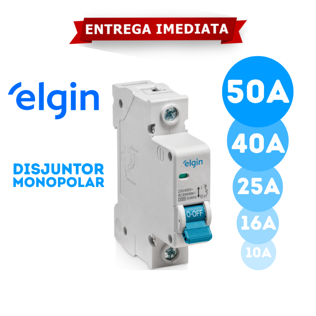 Disjuntor Elgin Monopolar 10A 16A 25A 40A 50A Curva C Termomagnético