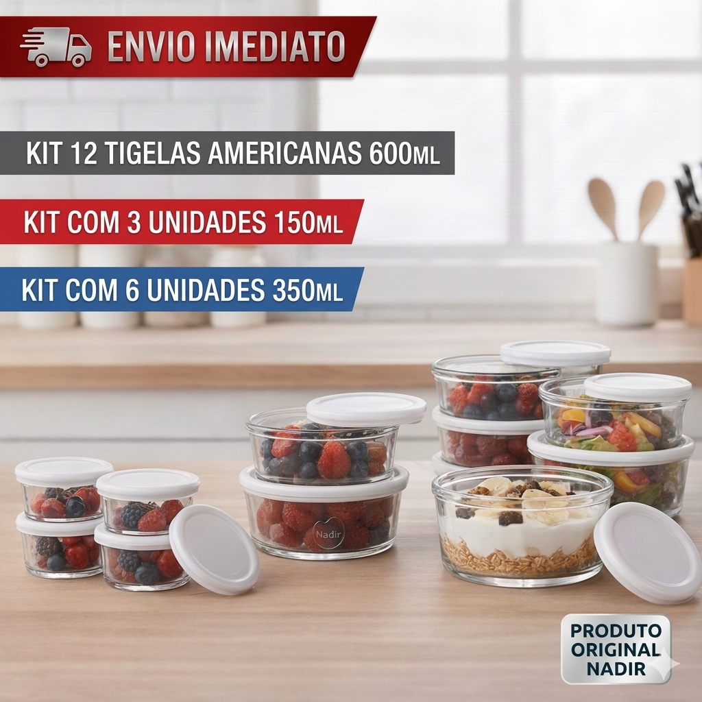 Kit Tigelas Vidro com Tampa 150ml 350ml 600ml Marinex Nadir | Hermético Microondas Freezer 3 6 12 Un