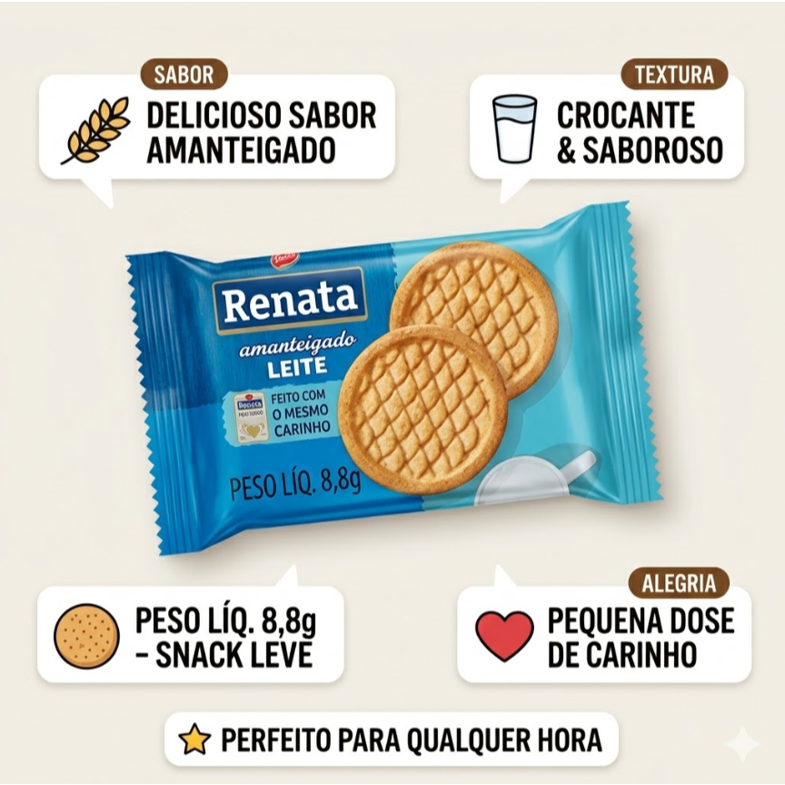 Kit 12 Sachês Biscoito Amanteigado Leite Renata - 8,8g Cada - Ideal para Lanche e Coffee Break
