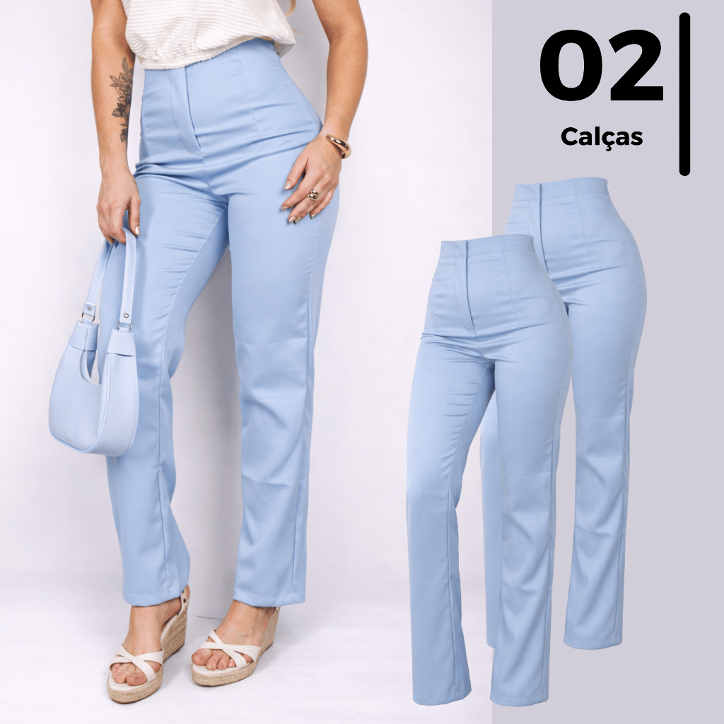 Kit 2 Calça Feminina de Alfaiataria Cintura Alta Reta sem Bolsos Casual Tradicional Moda Tendencia