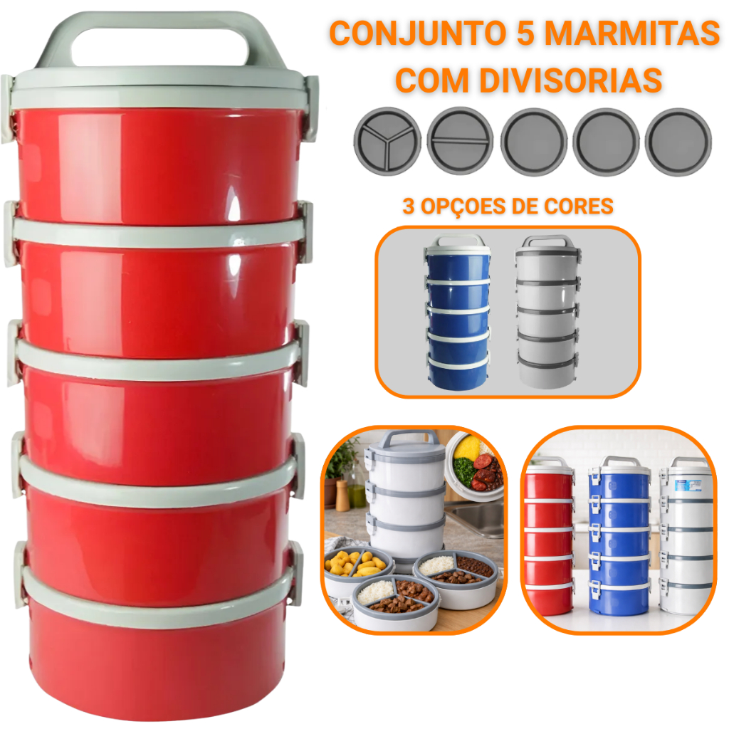 Jogo Marmita Térmica Com Presilhas e Alça Soprano 5 Peças 1,5 Litros Marmitex Potes Vermelha Soprano