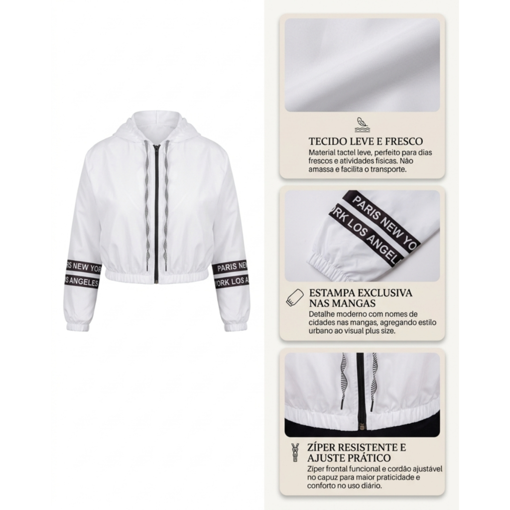Jaqueta Feminina Plus Size Corta Vento Tactel Leve Com Capuz Corrida Caminhada Inverno Elegante