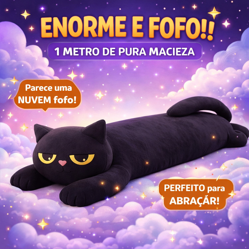Gato Preto Pelúcia Gigante 1 Metro e 50 cm Almofada Travesseiro Macio Fabricação Própria Exclusivo