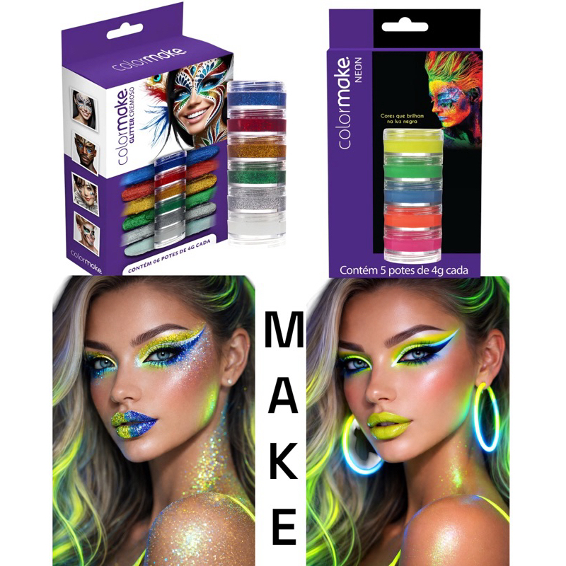 Kit Copa | Maquiagem Colormake Glitte/Neon Cores Pintura Facial e Corporal Secagem Rápida