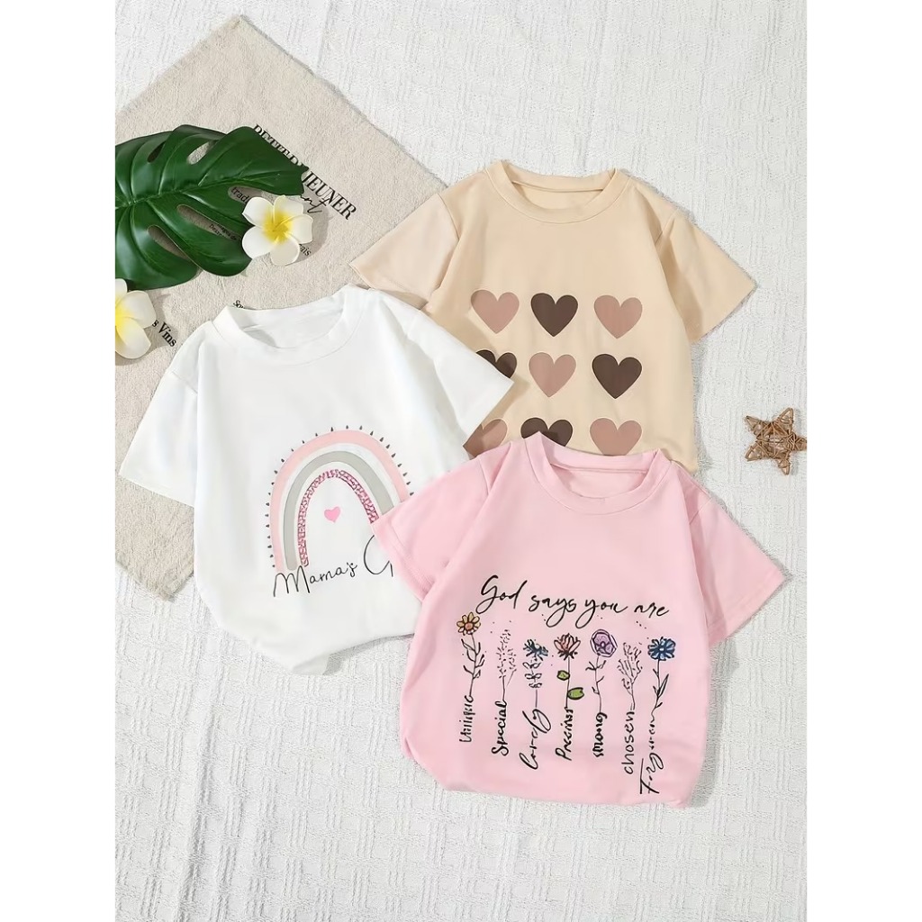 Conjunto Infantil Menina Camisetas 100% Algodão Delicadas Kit 3 Blusinhas Estampa Boho Corações Kids