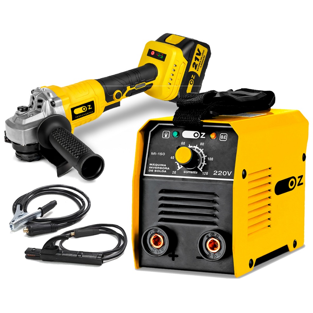 Kit Máquina De Solda Inversora 120a Mini Tig Mma Eletrodo Com Lixadeira Esmerilhadeira Angular 21v