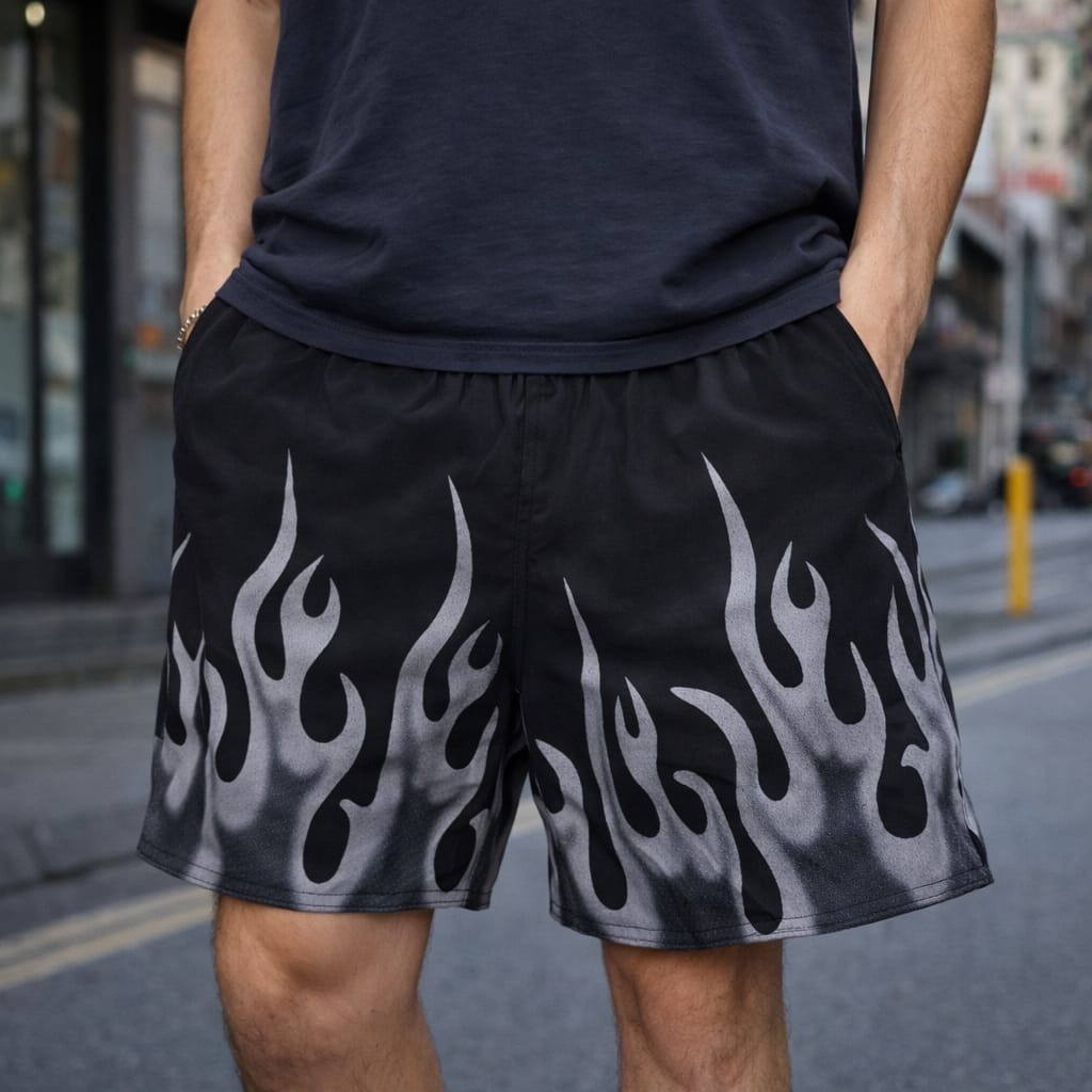Shorts Tactel Masculino Estampado Fogo Bermuda Elastano Streetwear Masculina Treino