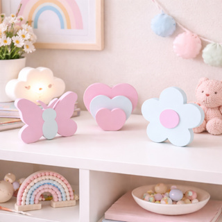 Kit Enfeite Decorativo Infantil Para Prateleira Flor Borboleta Trio Coração Quarto De Criança Bebe em Oferta na Shopee