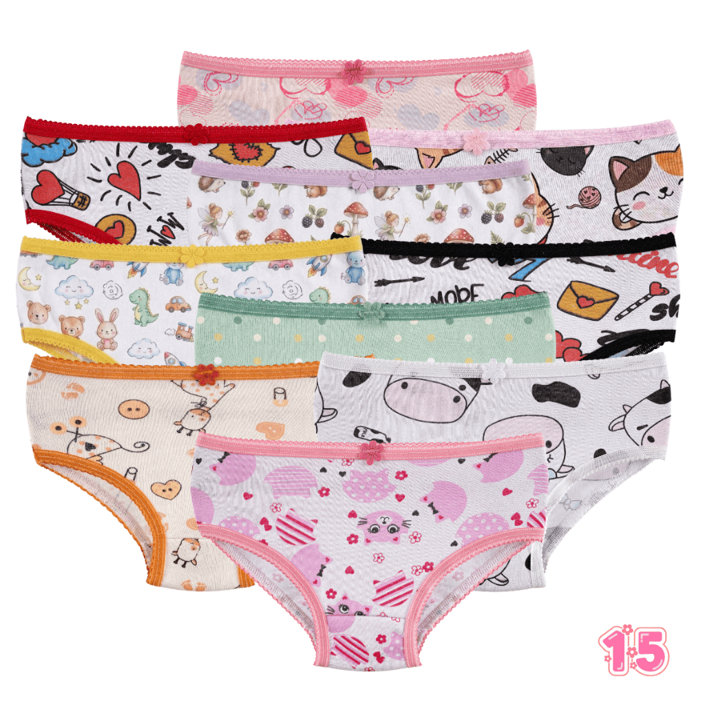Kit 15 Calcinhas Infantis 100% Algodão Estampada Confortável Antialérgica Criança 2 a 9 Anos