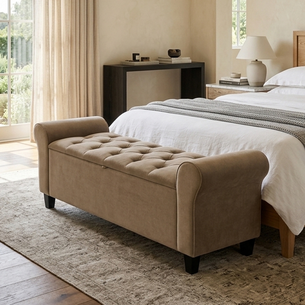 Baú Recamier Divã Paris Capitonê 120cm Para Cama Quarto Tecido Suede Estrutura em Madeira Elegante