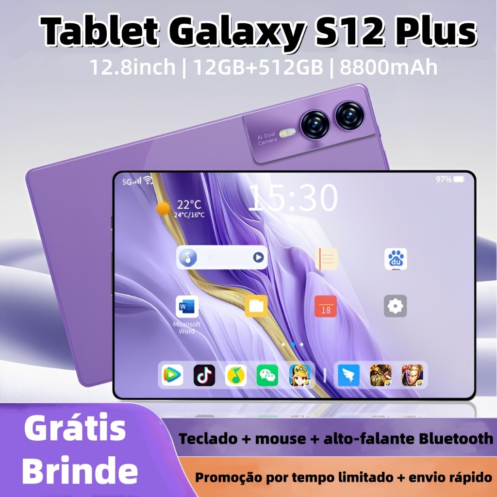 【Teclado e mouse grátis】Tablet Galaxy S12 Plus 12,8 polegadas, 12 GB + 512 GB, bateria de 8.800 mAh, 5G e Wi-Fi, com alt