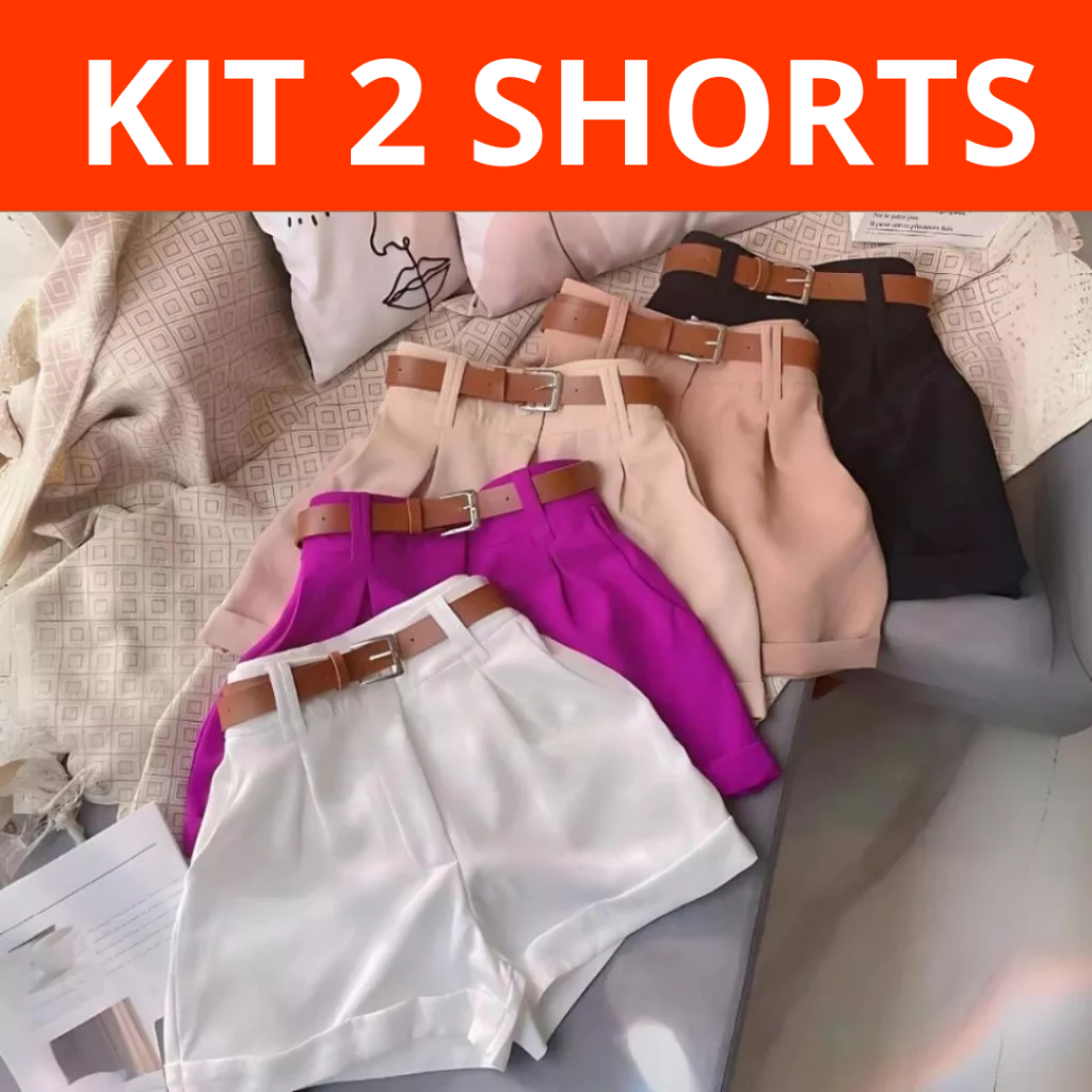 Kit 2 Short Alfaiataria Feminino Cintura Alta Com Cinto Social Com Bolso e Ziper Lateral