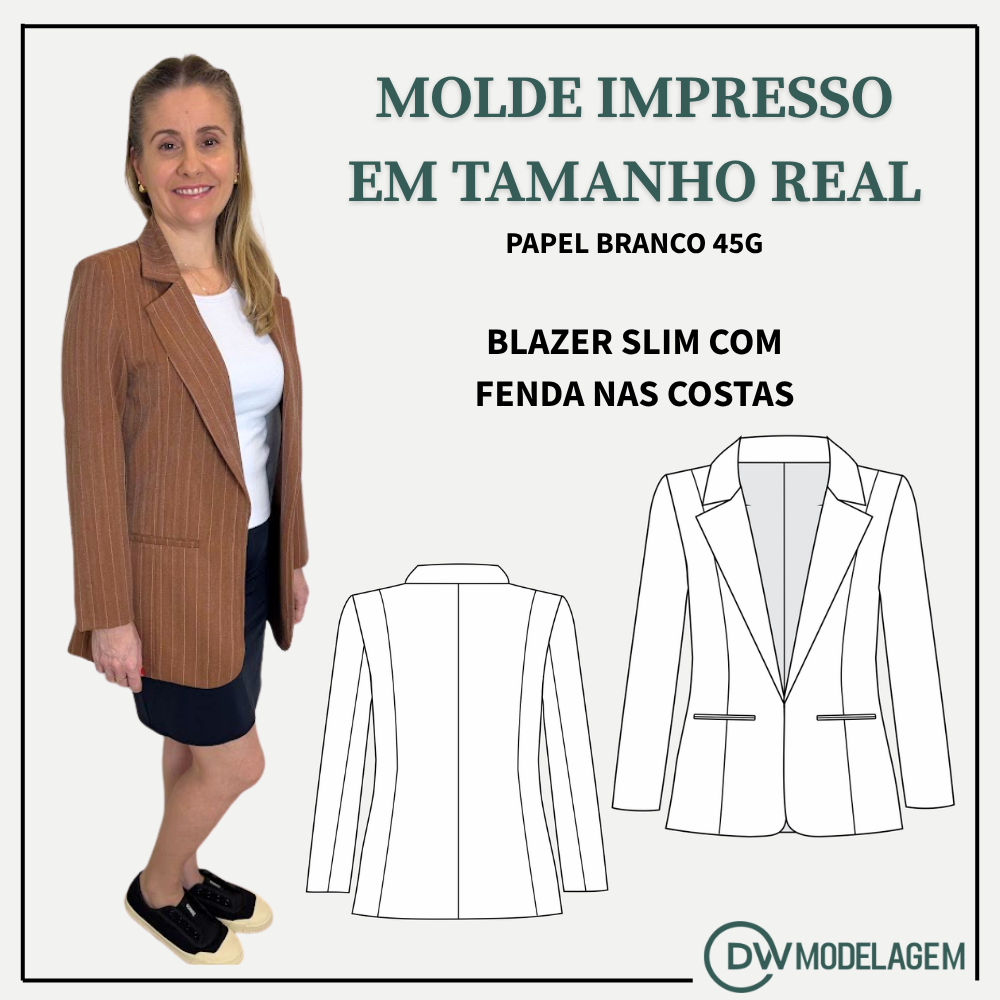 MOLDE PAPEL BRANCO 45g BLAZER SLIM COM FENDA NAS COSTAS -MOLDE DE ROUPA MODELAGEM PARA COSTURA