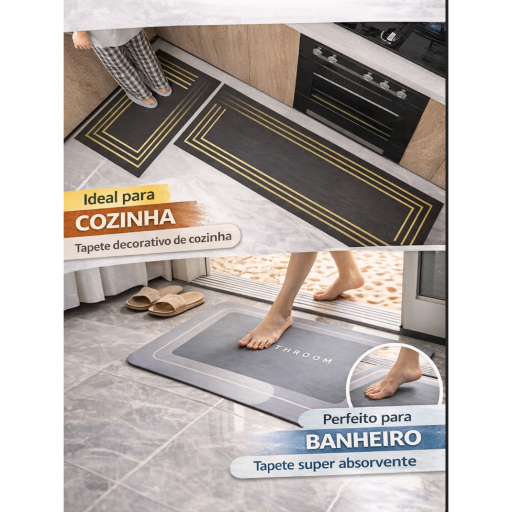 Tapete Antiderrapante de Banheiro Super Absorvente Secagem Rápida Chuveiro Cozinha Varanda