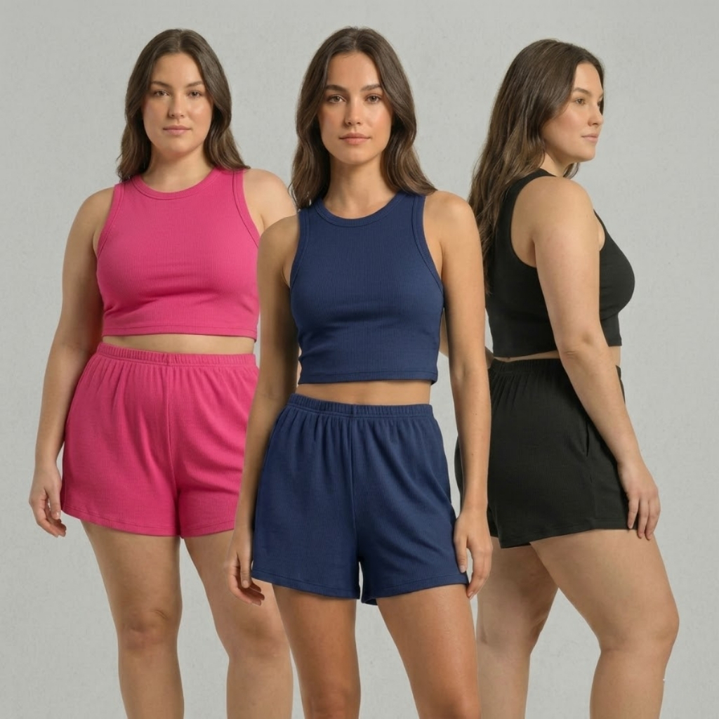 Kit 3 Conjunto Ribana Canelado Feminino Shorts E Cropped Academia Treino Corrida Fitness Sortido