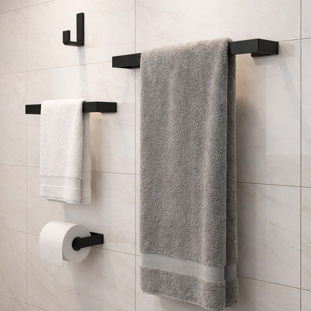 Kit de Acessórios para Banheiro Quadrado Preto Fosco Luxo S/S - 4 Peças em Oferta na Shopee