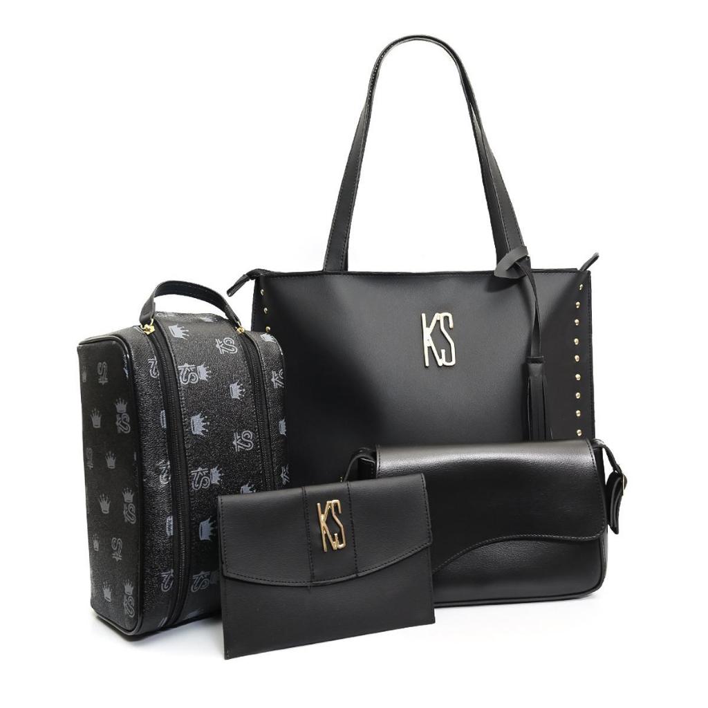 Kit Bolsa Feminina 4 Peças Completo Elegante + Sacola, Necessaire e Porta Documentos