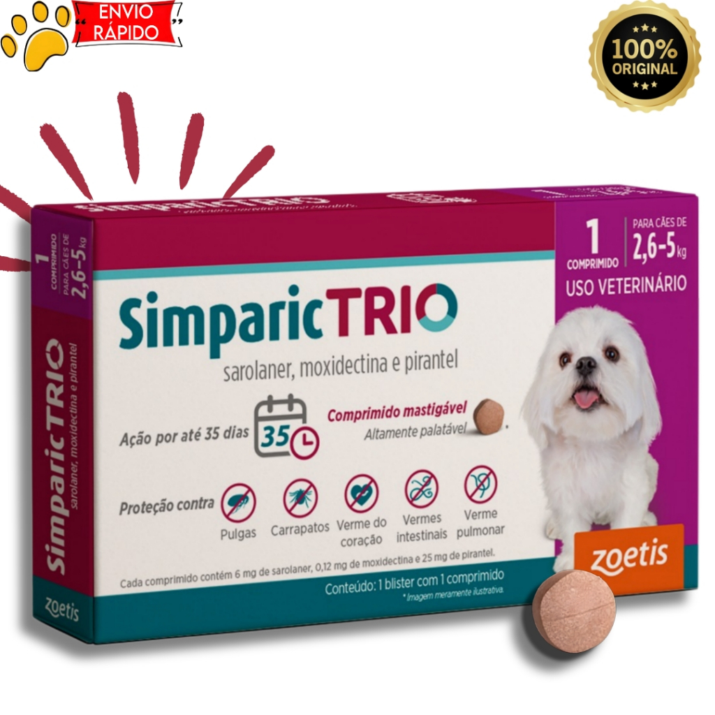 Simparic Trio Cães 2,6-5kg 1 comprimido Antipulgas Carrapatos e Vermes 3 em 1 Original Zoetis