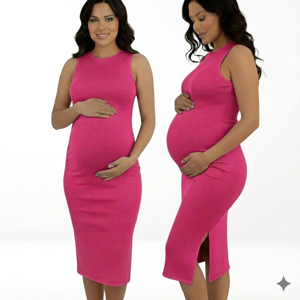 Vestido  Feminino Midi  Para Gestante Com Fenda lateral em tercido Canelado Ribana Não Fica Tranparente Conforto