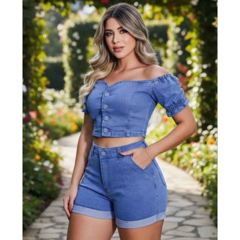 Conjunto Feminino com laycra short curto Jeans Blusa top Ciganinha ombro a ombro luxuoso 40/42/44
