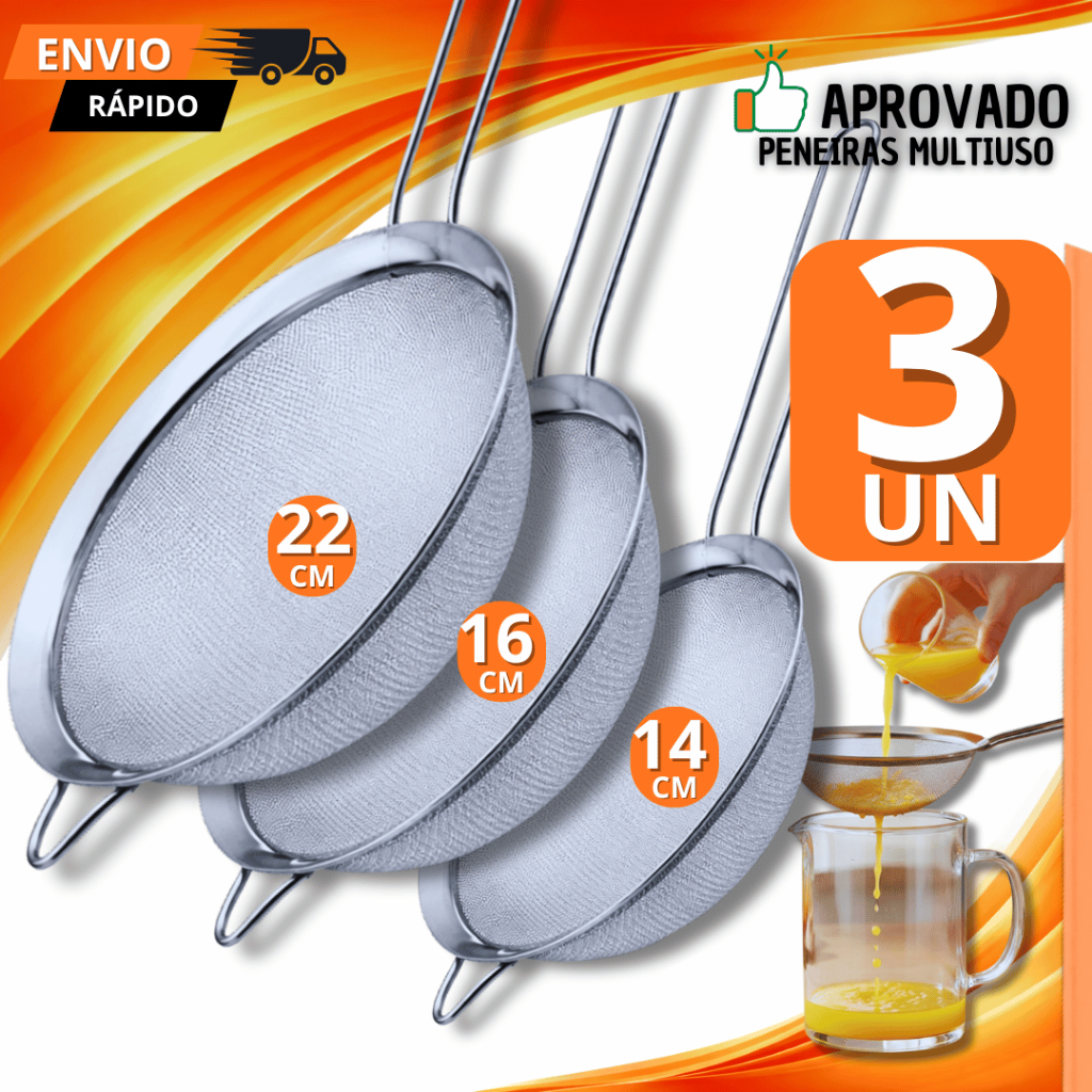 Kit 03 unidades Peneira Coador Manual Em Aço Inox Para Cozinha 14CM  16CM 22CM Premium Utilidades