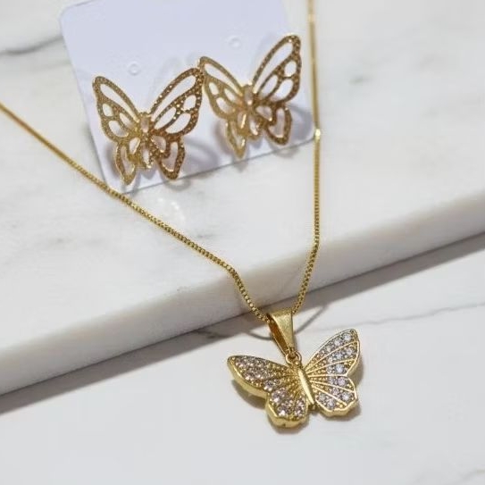 kit Colar e Brinco Feminino Pingente de borboleta Cordão dourado Corrente Fina Semijoia Folheado a Ouro joias femininas