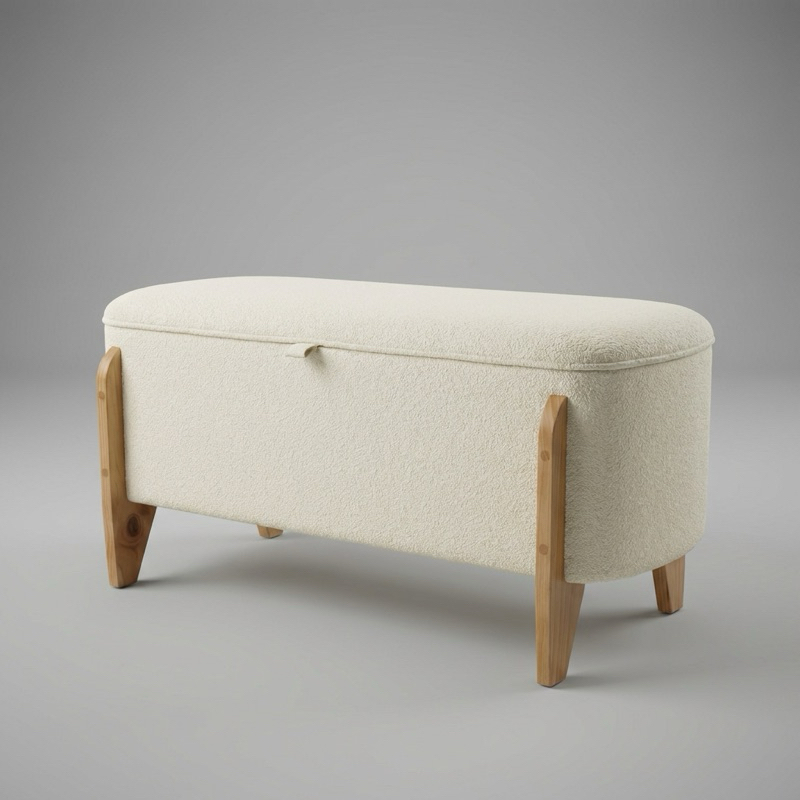 Recamier 120cm Casal Baú Sapateira Bouclé Off White Puff Organizador Quarto Elegante Pés Madeira em Oferta na Shopee